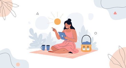 Obraz premium Woman Enjoying a Sunny Picnic with Laptop and Coffee