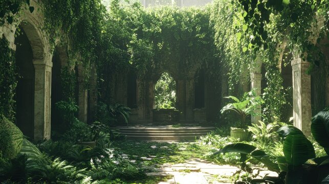 Majestic overgrown courtyard with sunlight and lush greenery