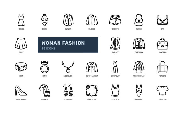 Woman Fashion Line Outline Icon Set Clothing Style