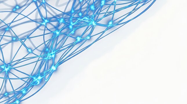 A futuristic network of glowing blue lines and nodes on a white background