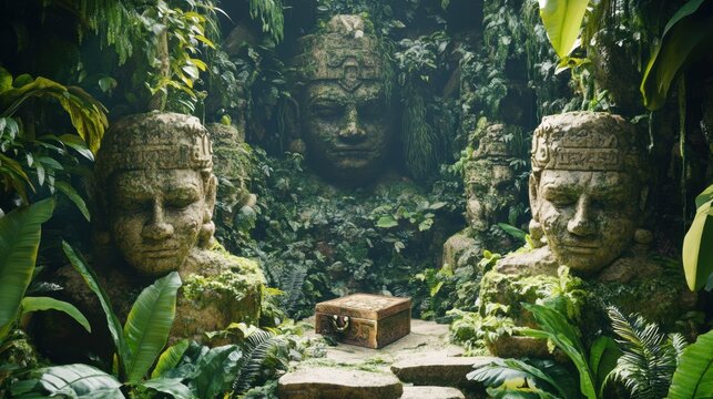Ancient jungle temple with stone statues and hidden treasure chest