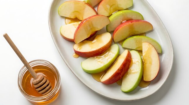 A plate of sliced apples with a side of honey for a healthy snack