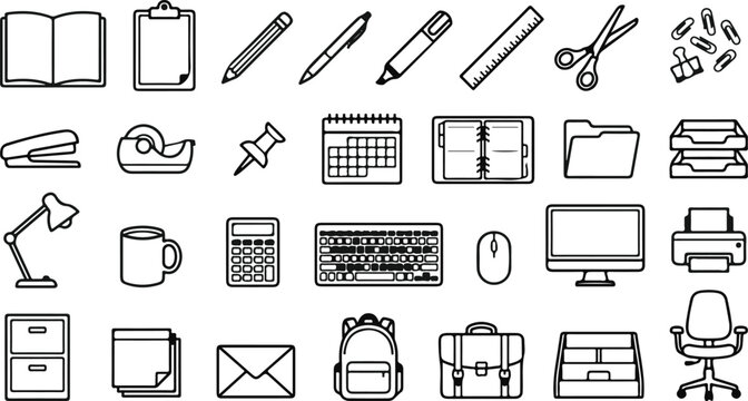 Set of hand drawn office and school supply icons isolated on a white background