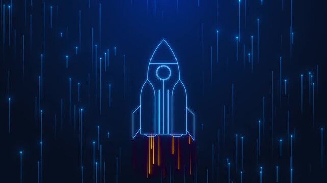 Minimal rocket outline lifting blue streaks and digital rain speed, ambition, progress, launch energy. startup product reveals, education growth graphics, software promos, channel intros, overlays.