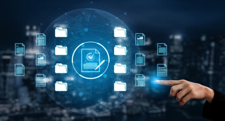 Obraz premium Digital Document Verification and Management Concept with a Hand Selecting Files from a Virtual Interface Against a City Skyline Background at Night. Sentient.