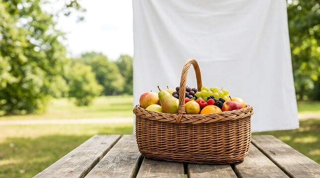 A wicker basket filled with fresh fruit sits on a wooden picnic table in a serene outdoor setting.