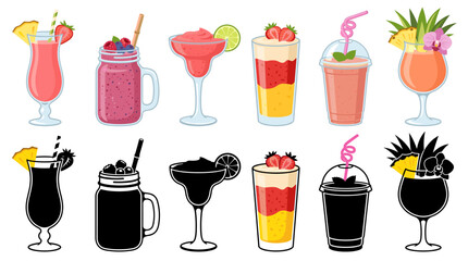 Professional vector collection featuring different strawberry pineapple smoothie drinks, tropical strawberry pineapple smoothie in tall glass, blended berry tropical smoothie © mehdik