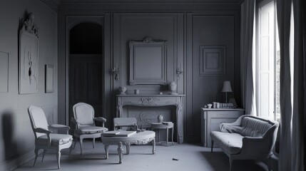 Obraz premium Elegant monochrome living room with classic furniture and vintage decor