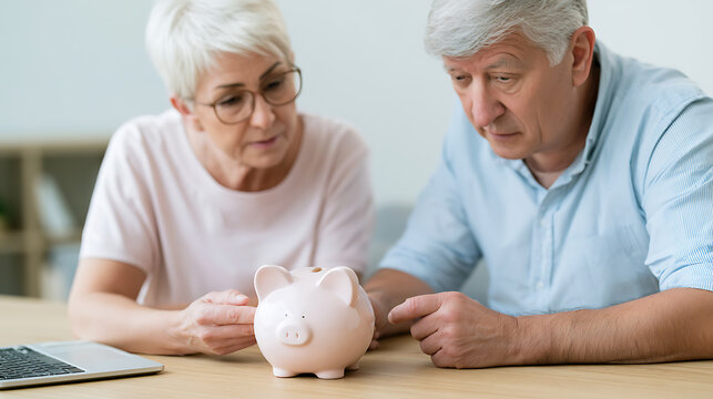 Elderly Couple Ponder Retirement Savings with Piggy Bank: Financial Planning for Seniors, Future Investment and Secure Pension Life
