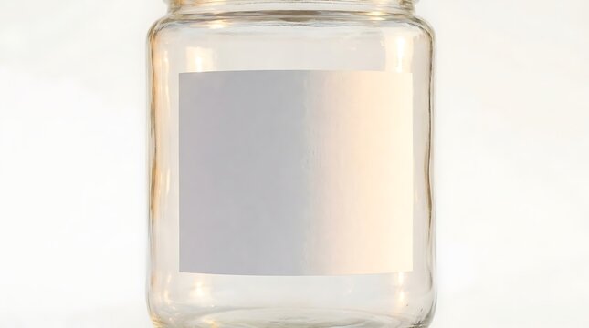 A clear glass jar with a blank label on a white background