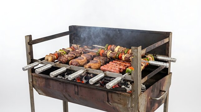 A large metal grill filled with various meats and vegetables on skewers, cooking over an open flame.