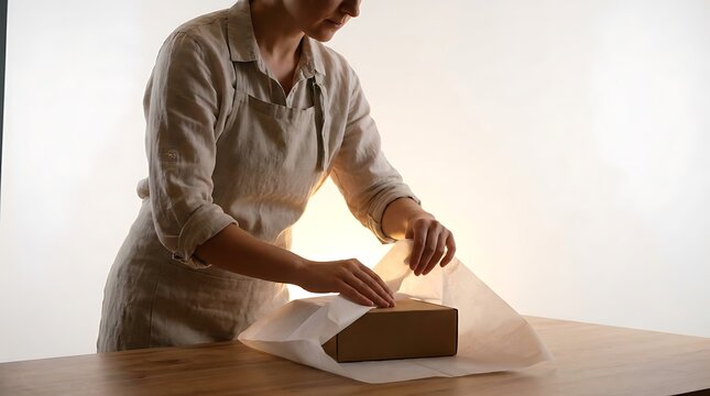 A woman wrapping a loaf of bread in parchment paper on a wooden table