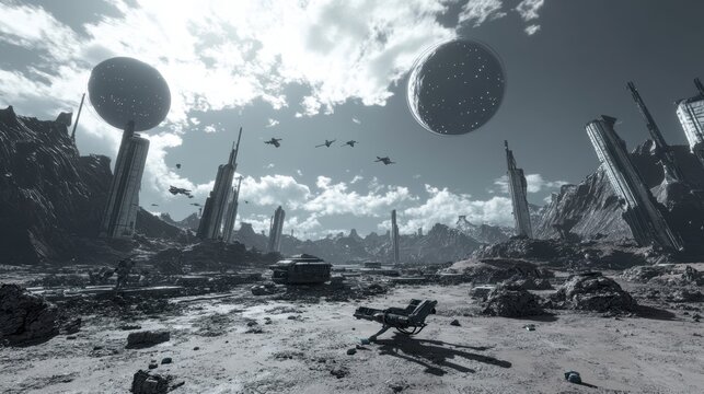 Futuristic alien landscape with spaceships and spherical structures
