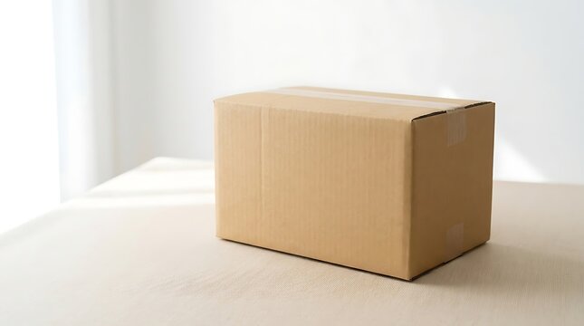 A brown cardboard box sits on a beige surface in a bright white room