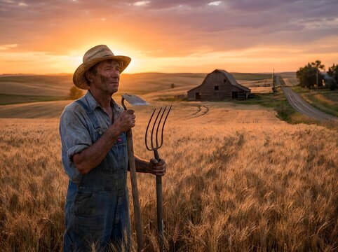 Farmer holding pitchfork standing in golden wheat field during sunset, rural agricultural landscape background