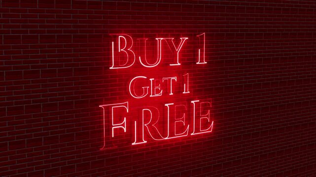Bright retail promotional neon text on red brick buy one get one free offer strong glow street style. retail campaigns, sale banners, shopping reels, discount announcements, brand ads, commercial ads.
