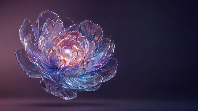 Levitating translucent glass peony with a glowing pearl center