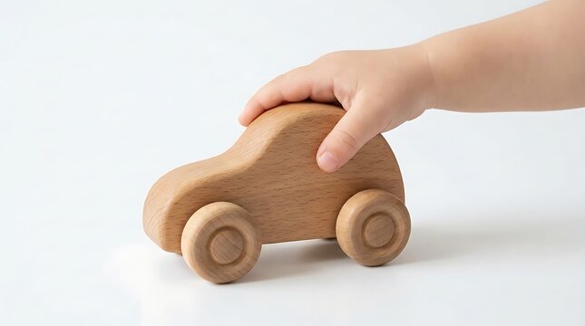 A small child's hand holding a wooden toy car on a white surface