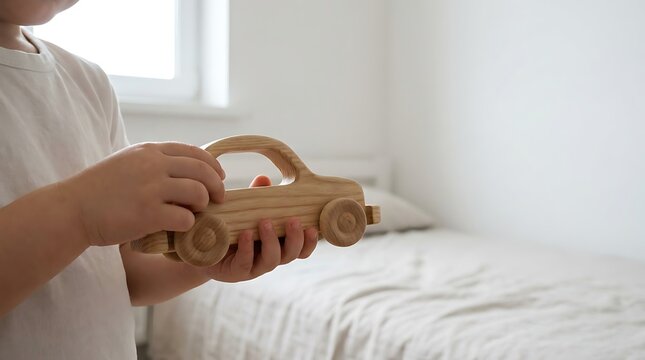 A child holding a wooden toy car in a bright and clean bedroom with a bed and window