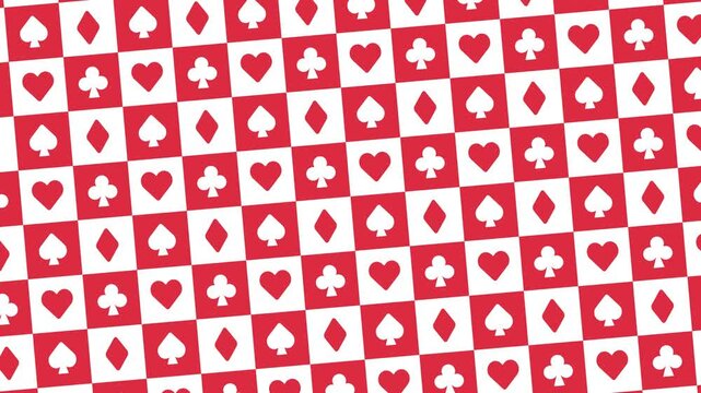 トランプの記号柄の赤色チェック背景／A red checkered background featuring playing card suit symbols