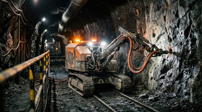 Underground mine automation with robotic charging unit aligning a hose to a drilled blast hole beside rock, tracks, rails, and beacon lights.
