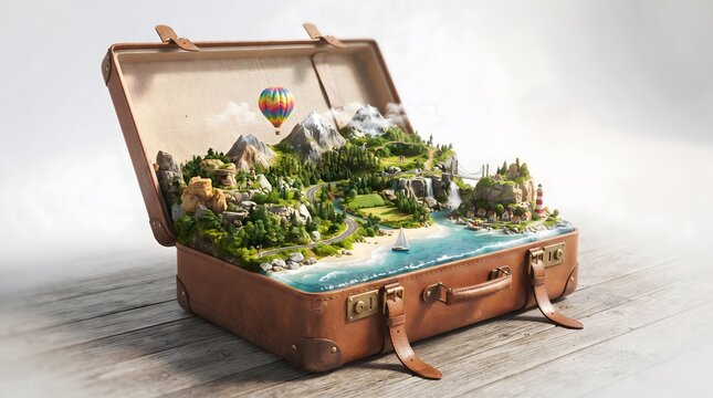 Open vintage suitcase revealing miniature world travel scene. Tiny globe landscape with greenery and blue water inside luggage for adventure concept.