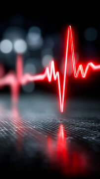Heartbeat line in bright display. The lights show a red heartbeat line on a dark surface with blurred lights behind. It shows strong health signals.