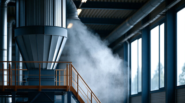 Full-length dust collector chute feeding into a cylindrical filter with dust streams in natural light, industrial environment concept, with copy space