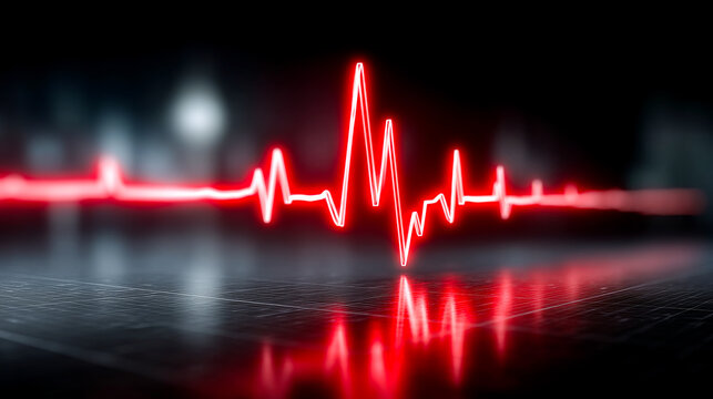 Heartbeat line on a dark background. A heartbeat line in red color shows a pattern on a dark surface. The line changes shape over time.