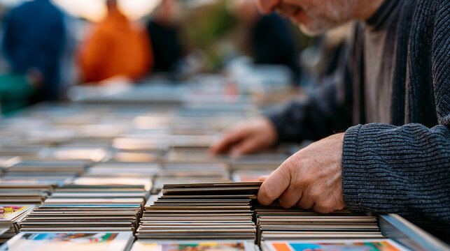 Sports card collector looking through vendor's baseball cards to complete a set, hobby and collector culture concept, with copy space