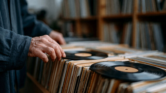 Record collector browsing through vinyl 7-inch single 45 rpm records, music hobby and vinyl collection concept, with copy space