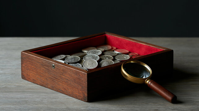 Box with collectible coins and a magnifying glass, numismatics and coin collector concept, with copy space