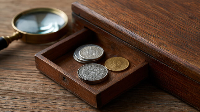 Box with collectible coins and a magnifying glass, numismatics and coin collector concept, with copy space