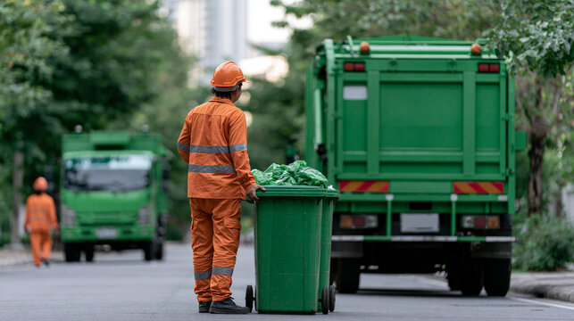 Asian municipalities recycling workers and garbage collection trucks loading bins, urban waste management concept, with copy space