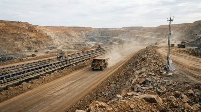 Autonomous mining truck on a graded pit road beside conveyor belts, GPS mast, and rock berms in an open quarry