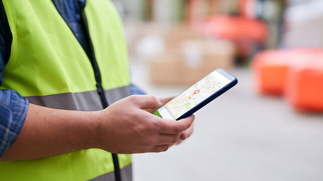 Essential Worker Navigate with Device, Highlight Modern Logistics, Delivery, and Field Operations with Smart Technology Integration in Bright Environment