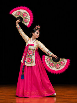 Traditional Korean Fan Dance Performer Wearing Hanbok