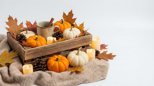 A cozy autumnal arrangement of pumpkins, leaves, and candles in a rustic wooden crate