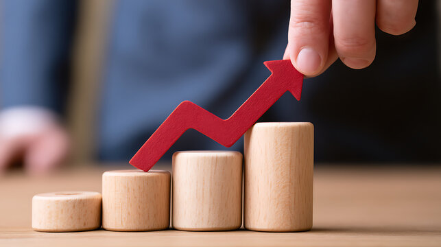 Hand place red arrow, show growth, rise, and success on a natural wood bar chart. Business progress, upward trend, and positive development concept