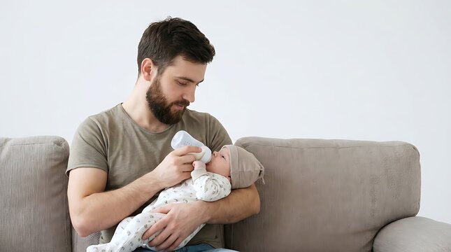 A loving father feeding his baby with a bottle on the couch
