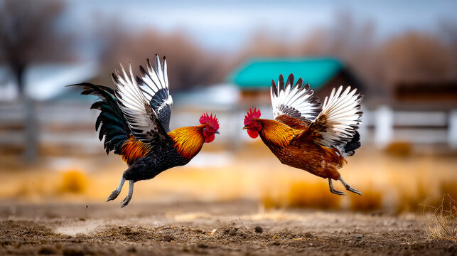 Roosters fight near a farm. Two roosters are fighting in mid-air on a farm during the day. Their wings are spread wide as they clash.