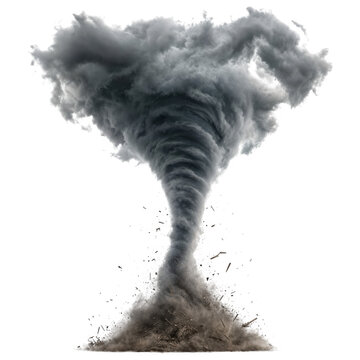 Violent swirling funnel cloud of a tornado as isolated on transparent background