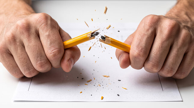 Hands snapping yellow pencil in half out of frustration