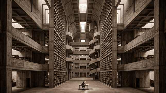 Person studying alone in grand brutalist concrete library