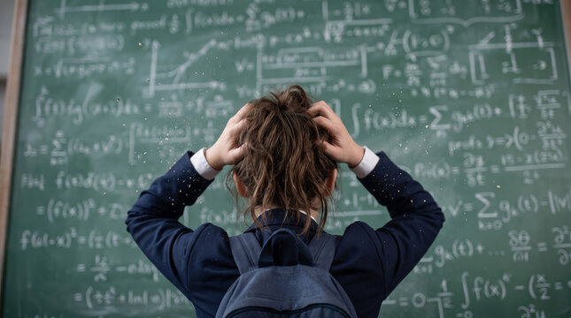 Stressed student with head in hands before math chalkboard