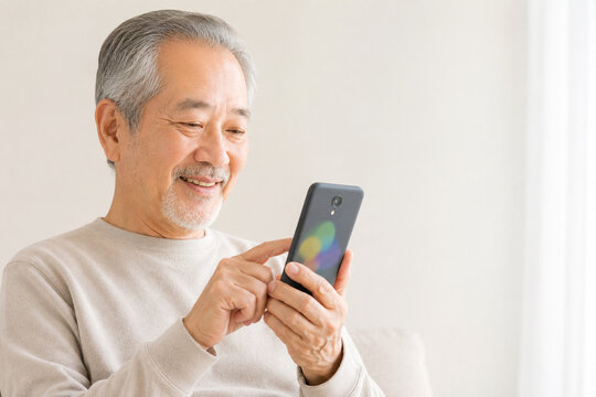Senior Japanese man using a smartphone for daily life at home, close-up shot
