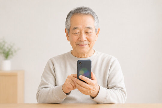 Senior Japanese man reading information on a smartphone, mid shot