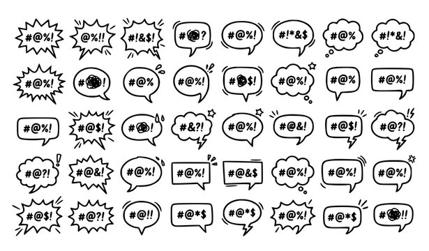 Hand Drawn Comic Speech Bubble Icon Set with Censored Swear Symbols, Angry Chat Balloons, Thought Clouds and Cartoon Dialogue Vector Collection