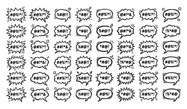 Hand Drawn Comic Speech Bubble Collection with Swear Symbols, Angry Dialog Balloons, Explosive Callouts and Cartoon Outline Vector Set
