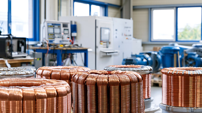 Copper wire coils in industrial workshop with machinery, showcasing manufacturing, electronics, and engineering processes in a clean environment